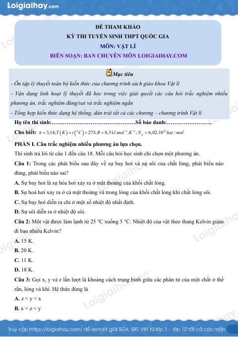 Đề tham khảo thi Vật lí THPT (Đề số 2) - có lời giải chi tiết
